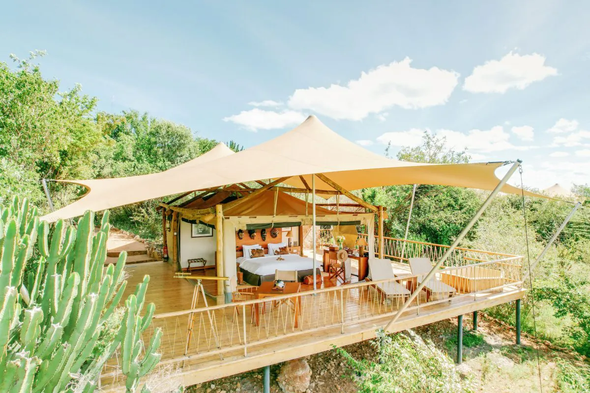 Luxury bush camping safari tent under the stars in Kenya